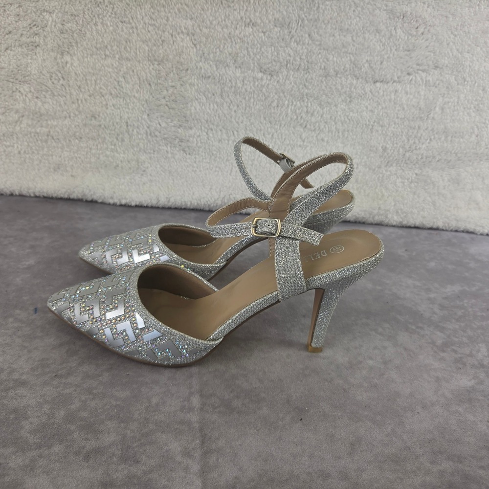 Silver Glitter Geometric Greek Key Rhinestone Pointed Toe Stiletto Pumps Heels